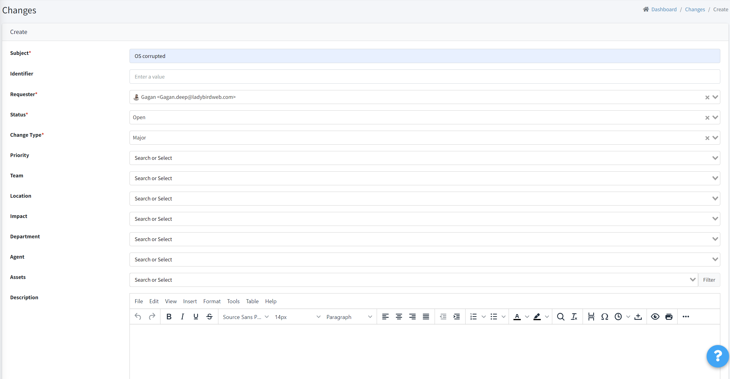 Subject - Enter a subject for the new Change given here; this is also ...